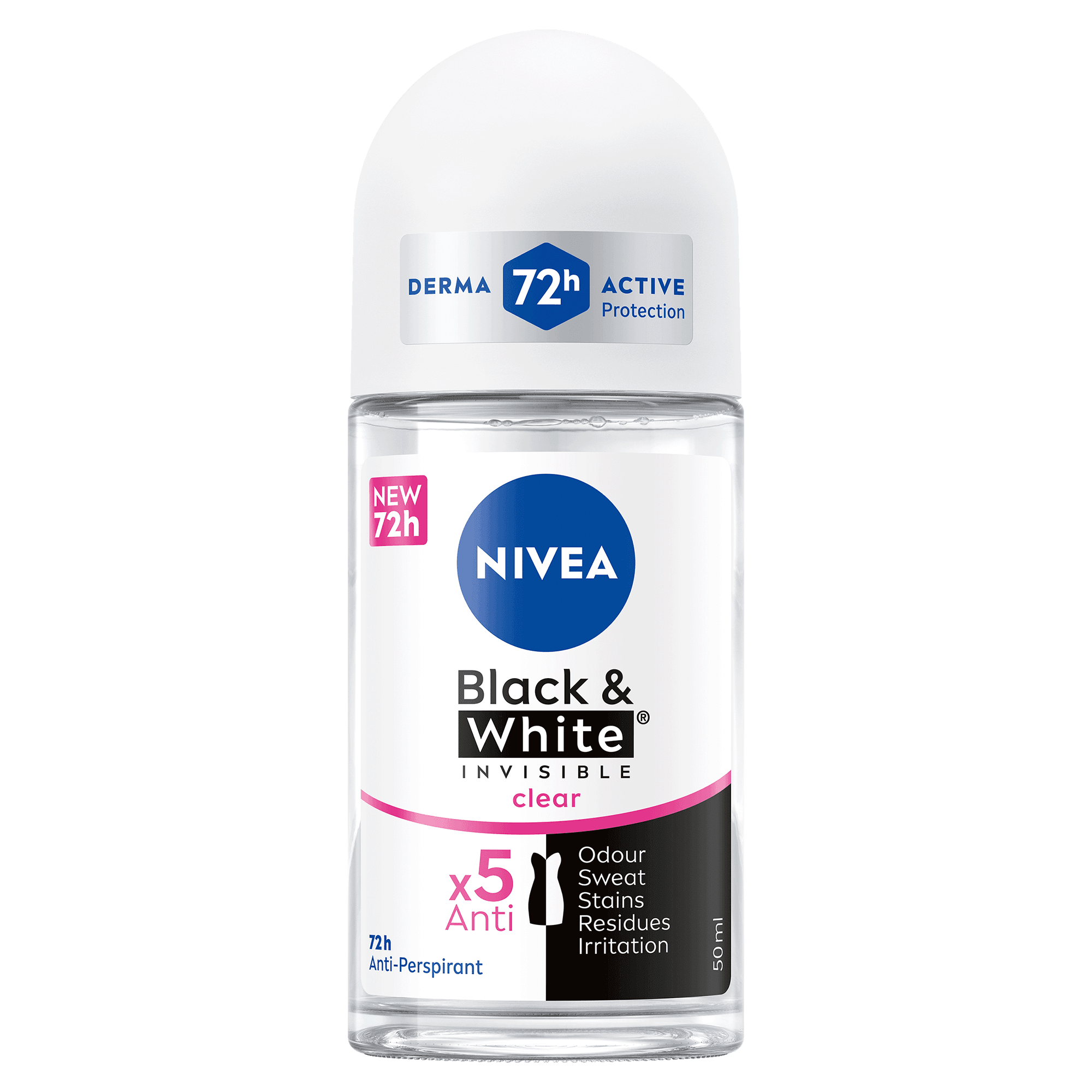 NIVEA Black & White Invisible Antiperspirant Roll-On for Women, 72H Active, 50ml