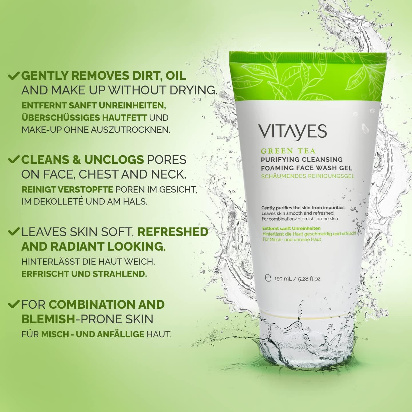 Vitayes Green Tea Cleansing Foaming Face Wash Gel 150ml