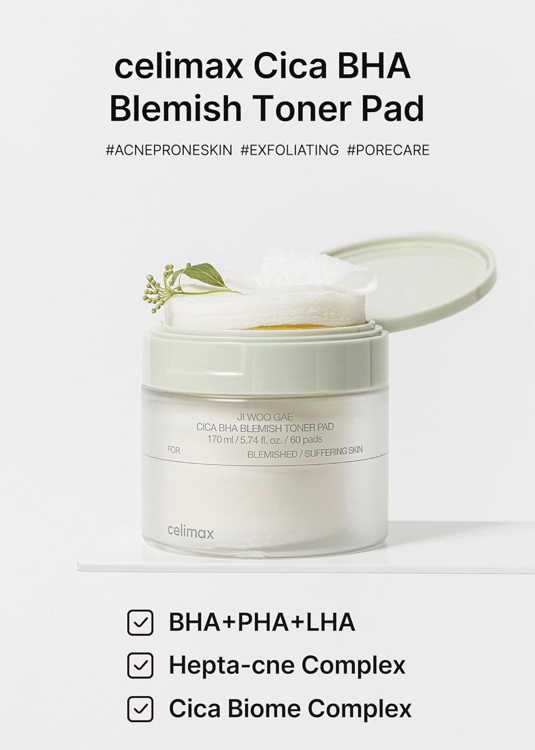 Celimax Ji Woo Gae Cica Bha Blemish Toner Pads 170ml 60pads