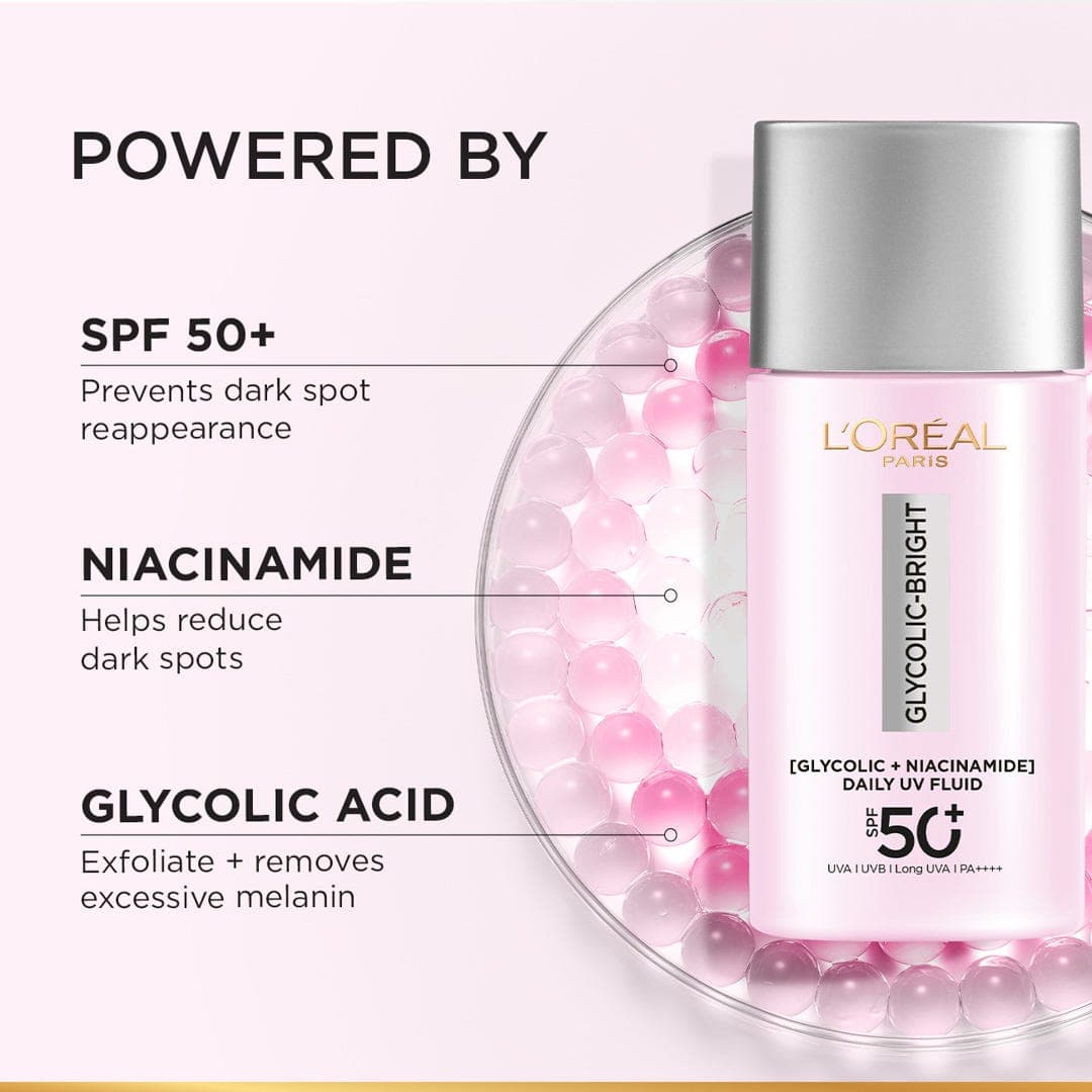 لوريال باريس سائل جليكوليك برايت بعامل حماية من أشعة الشمس SPF 50+ PA+ المضاد للبقع الداكنة