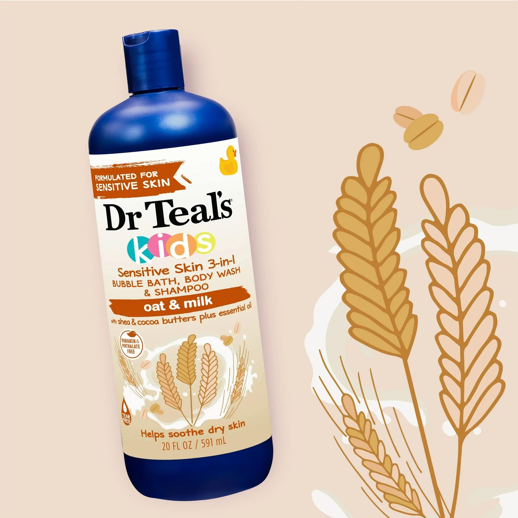 Dr Teal Kids 3 In 1 Bubble, Body & Shampoo Oat & Milk 591Ml