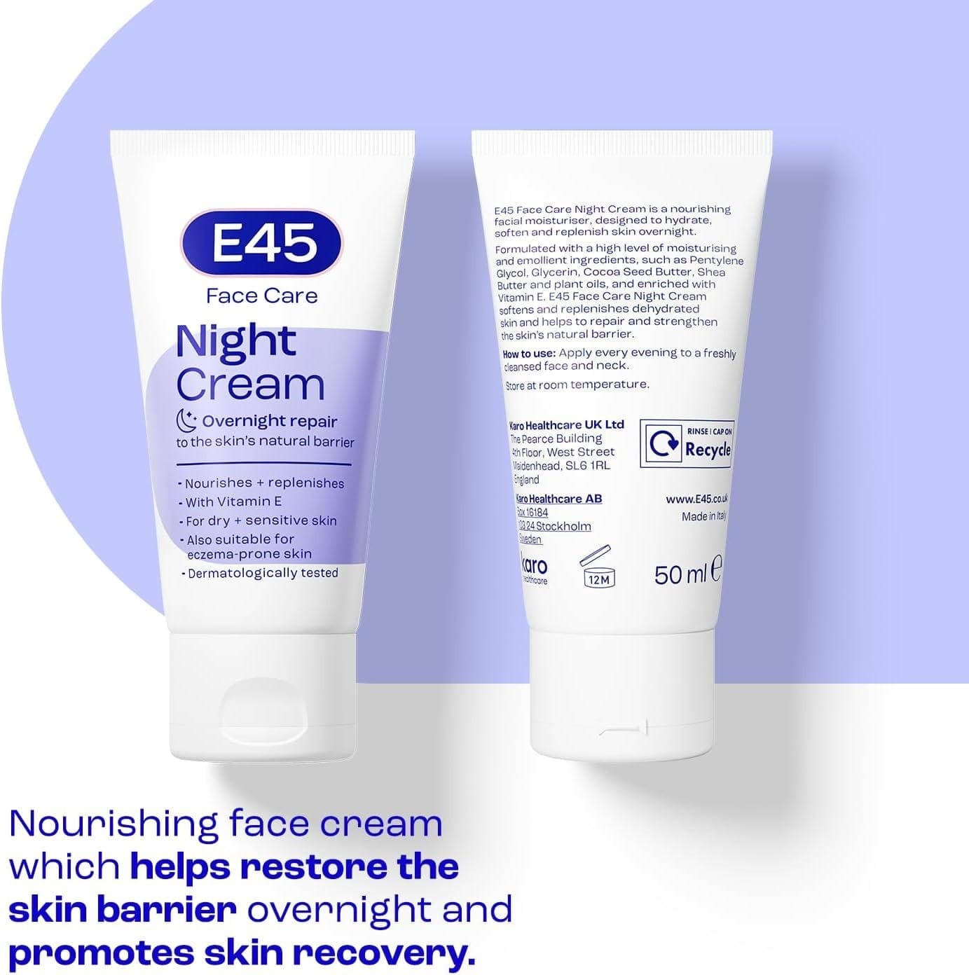 E45 كريم مرطب ليلي للوجه E45 كريم ترطيب ليلي لاستعادة حاجز البشرة - 50 مل