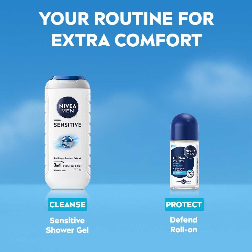 رول أون Nivea Men Derma Control Defend Extra Comfortالمضاد للتعرق، 50 مل، مع الهيالورون النقي وبرو- فيتامين B5، حماية لـ 72 ساعة