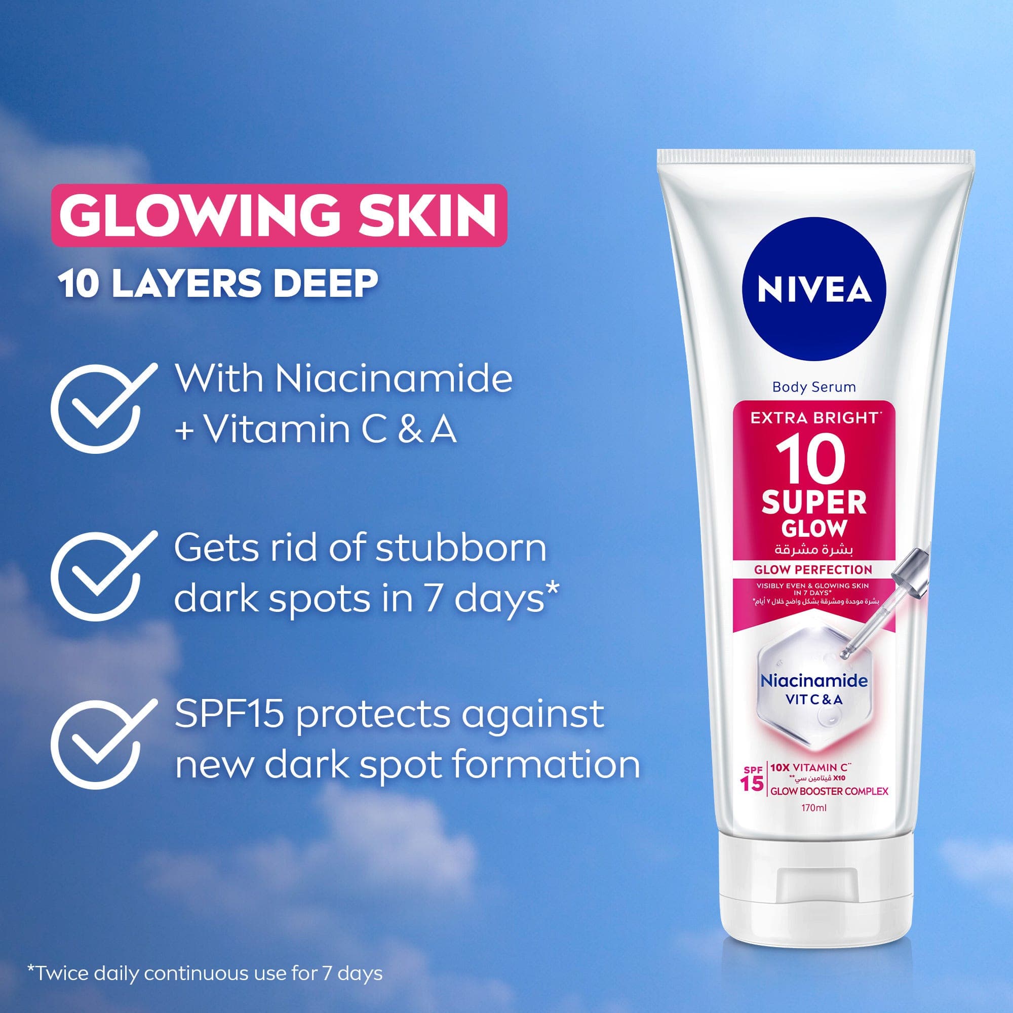 NIVEA SUPER 10 Glow Body Serum, Glowing Skin, With Niacinamide, 170ml