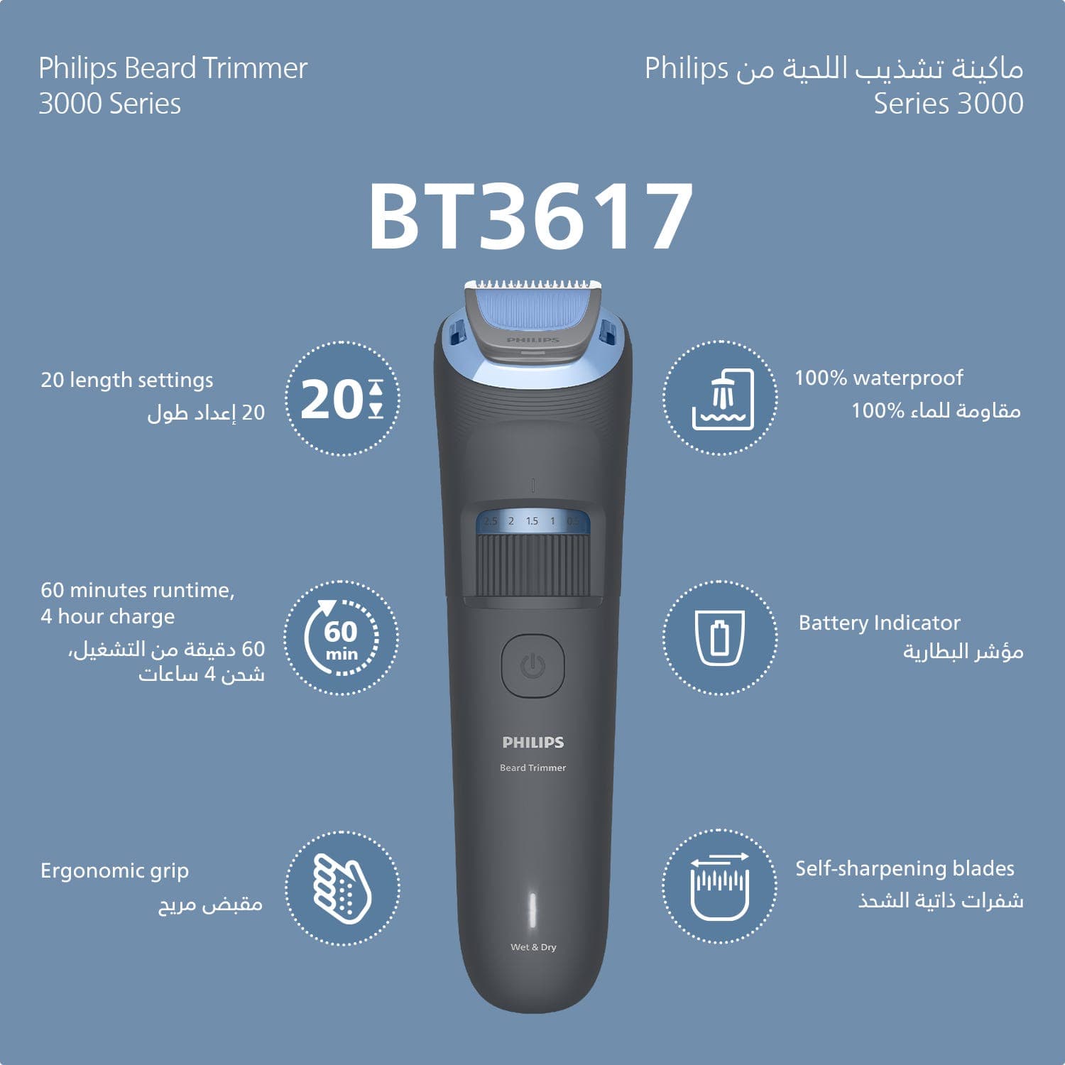 Philips Beard Trimmer BT3617/15 | 20 Settings 0.5–10 mm | Lifts Hair for Even Trim | 100% Washable | 60 Min Cordless